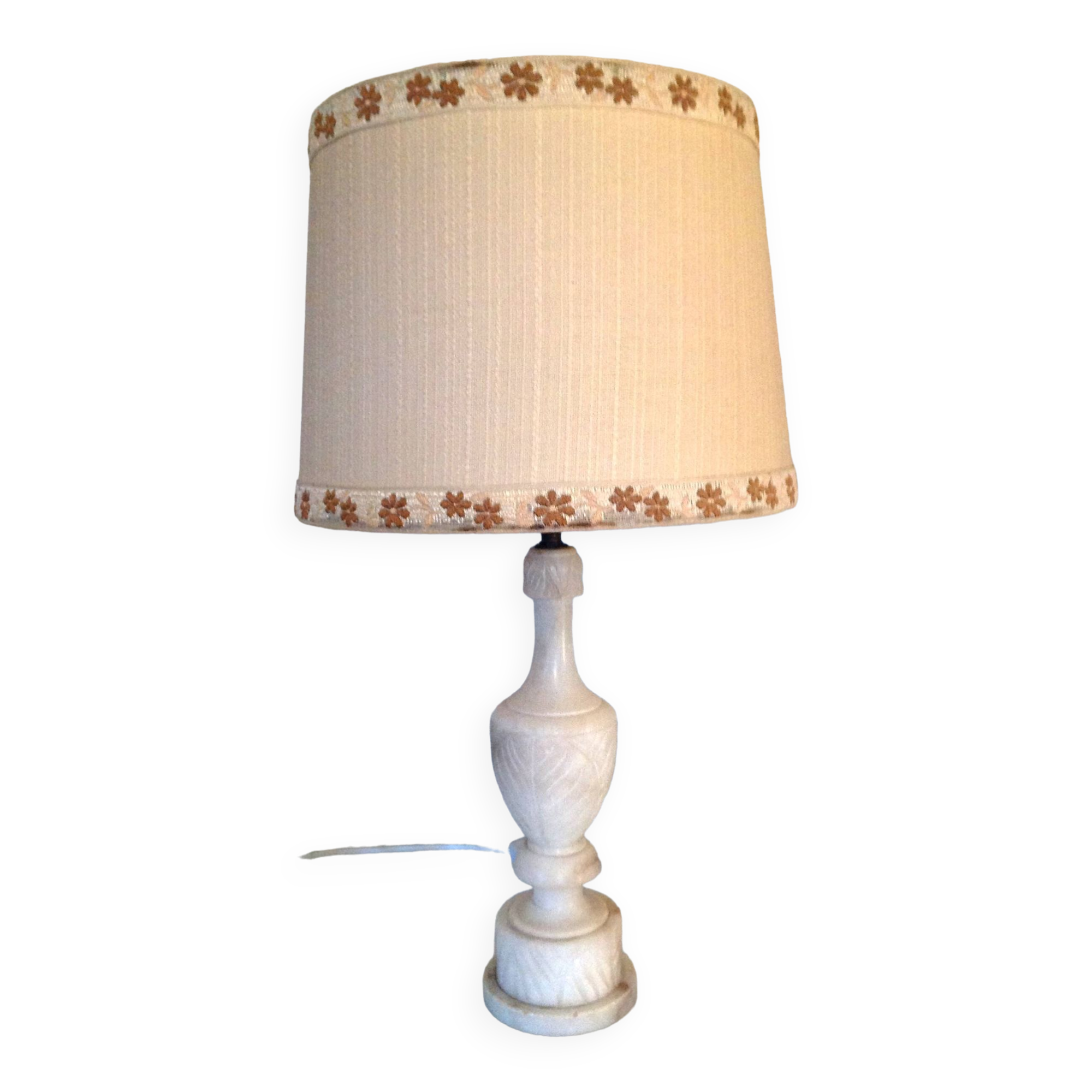 Lampe en albatre et abat jour tissu ecru / vintage années 50-60