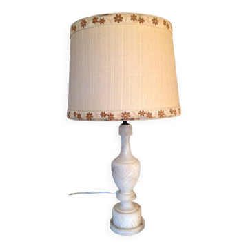 Lampe en albatre et abat jour tissu ecru / vintage années 50-60