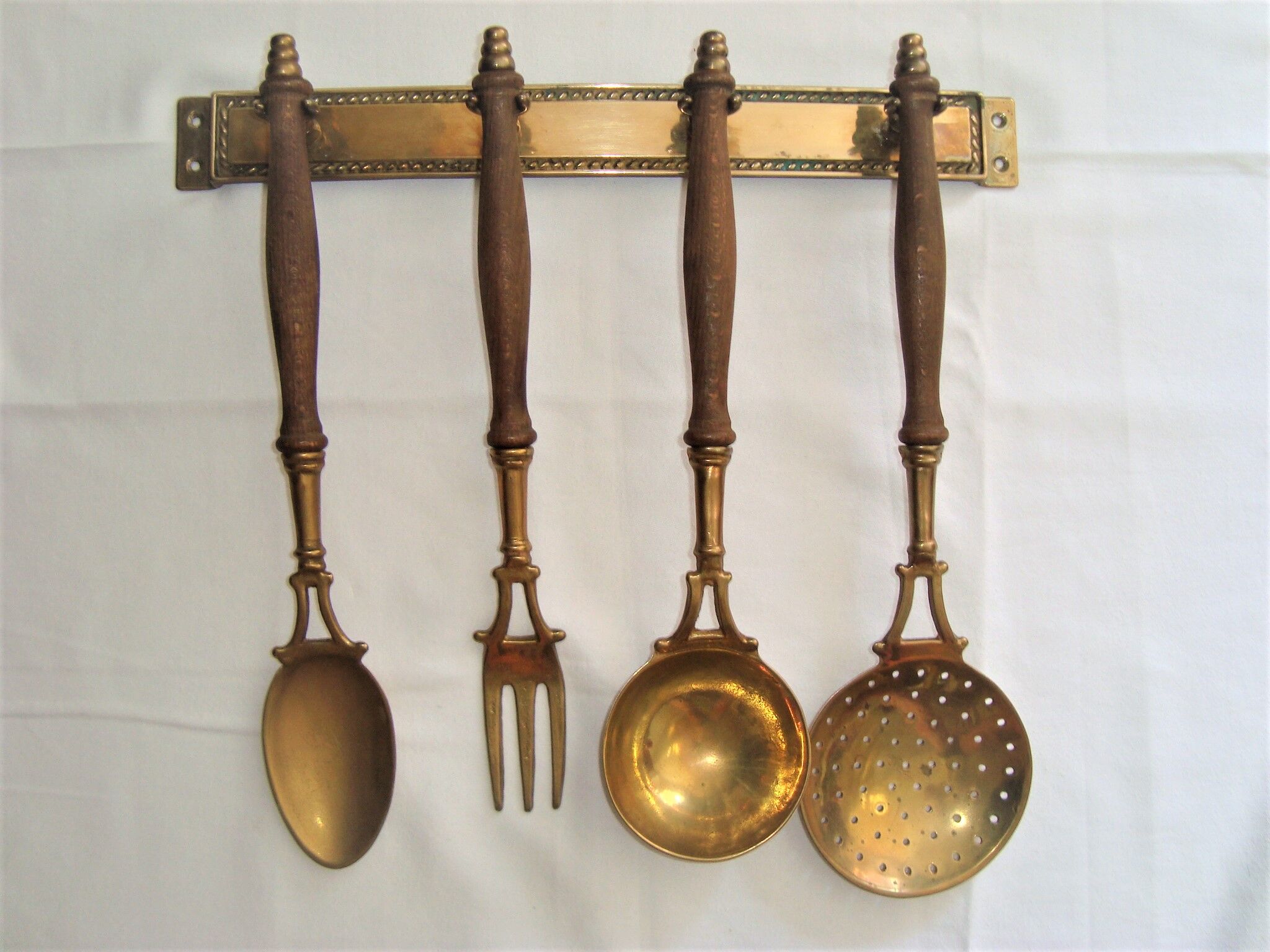 Wood and brass kitchen utensils with vintage wall mount mount 60