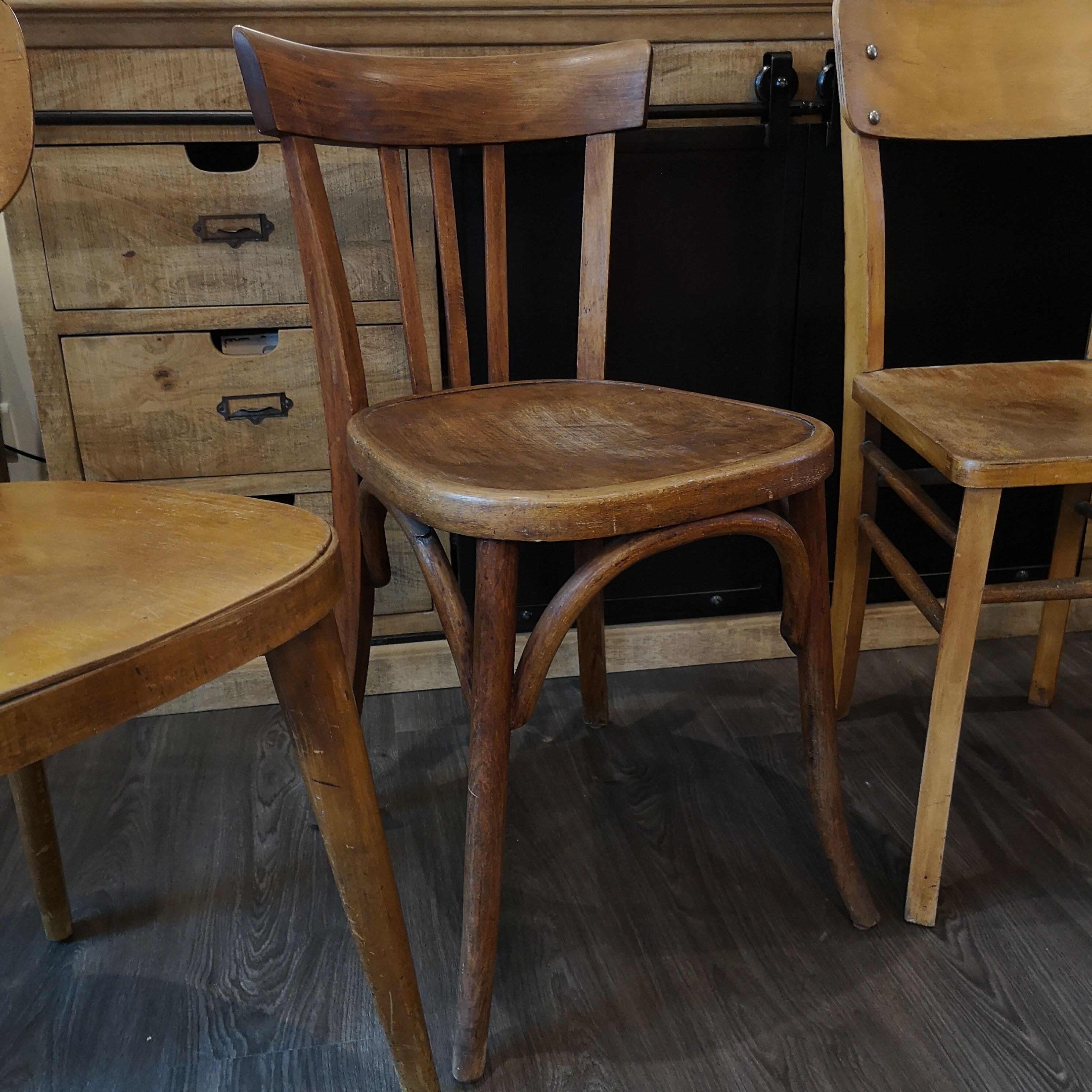 Series of 4 Bistro chairs dismatched Baumann and Fischel