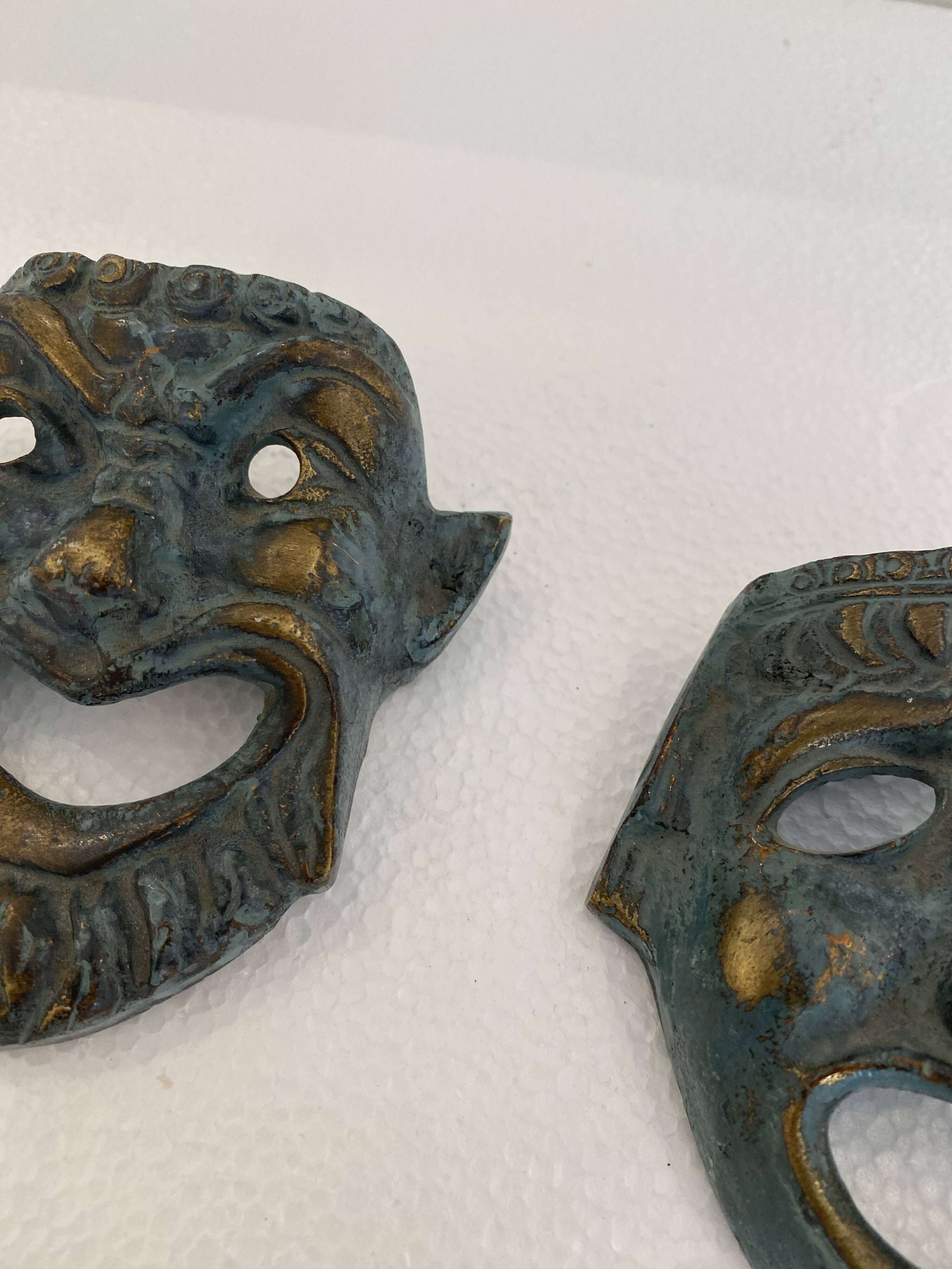 Pair of Small Decorative Bronze/Brass Greek Theatre Masks Wall Hangings, 19