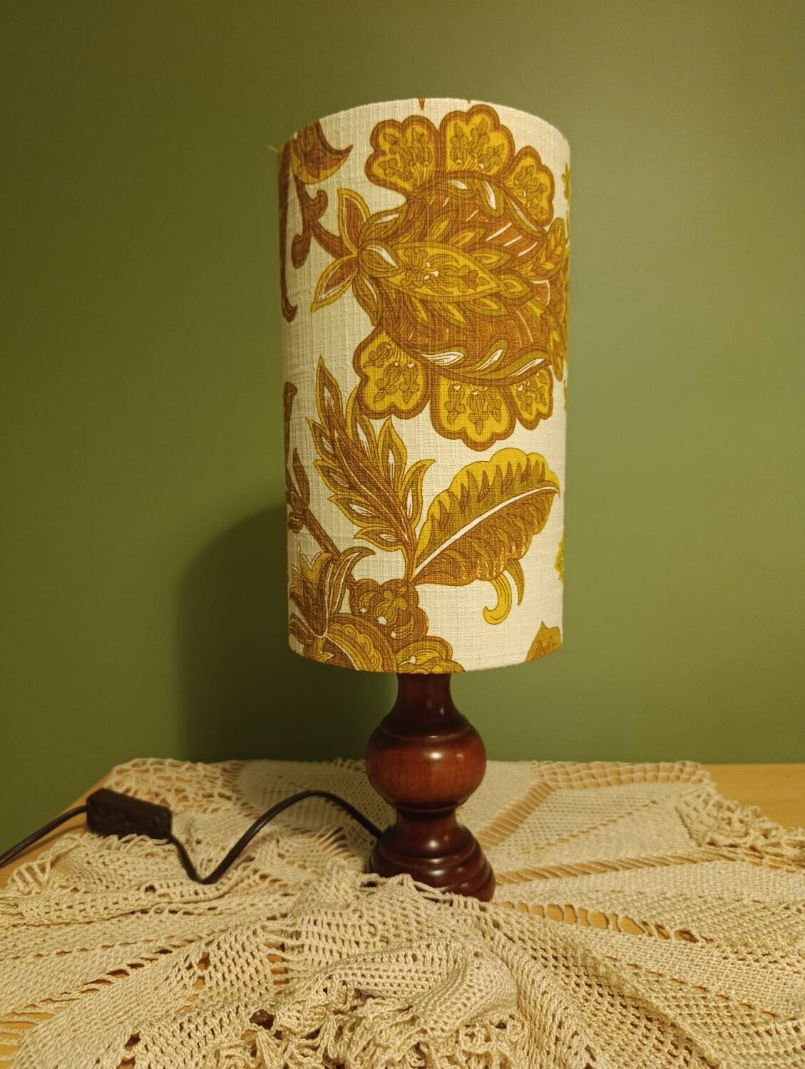 Turned wood lamp with authentic vintage lampshade and mustard flower decoration