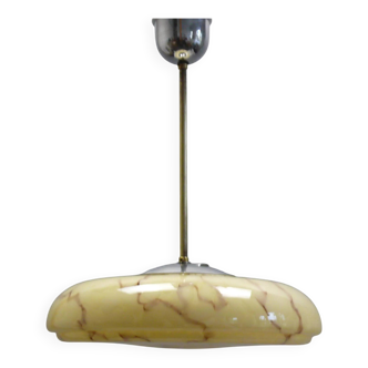 Suspension Art Déco avec abat-jour plat et élégant en verre et suspension en métal - vers 1930-1950