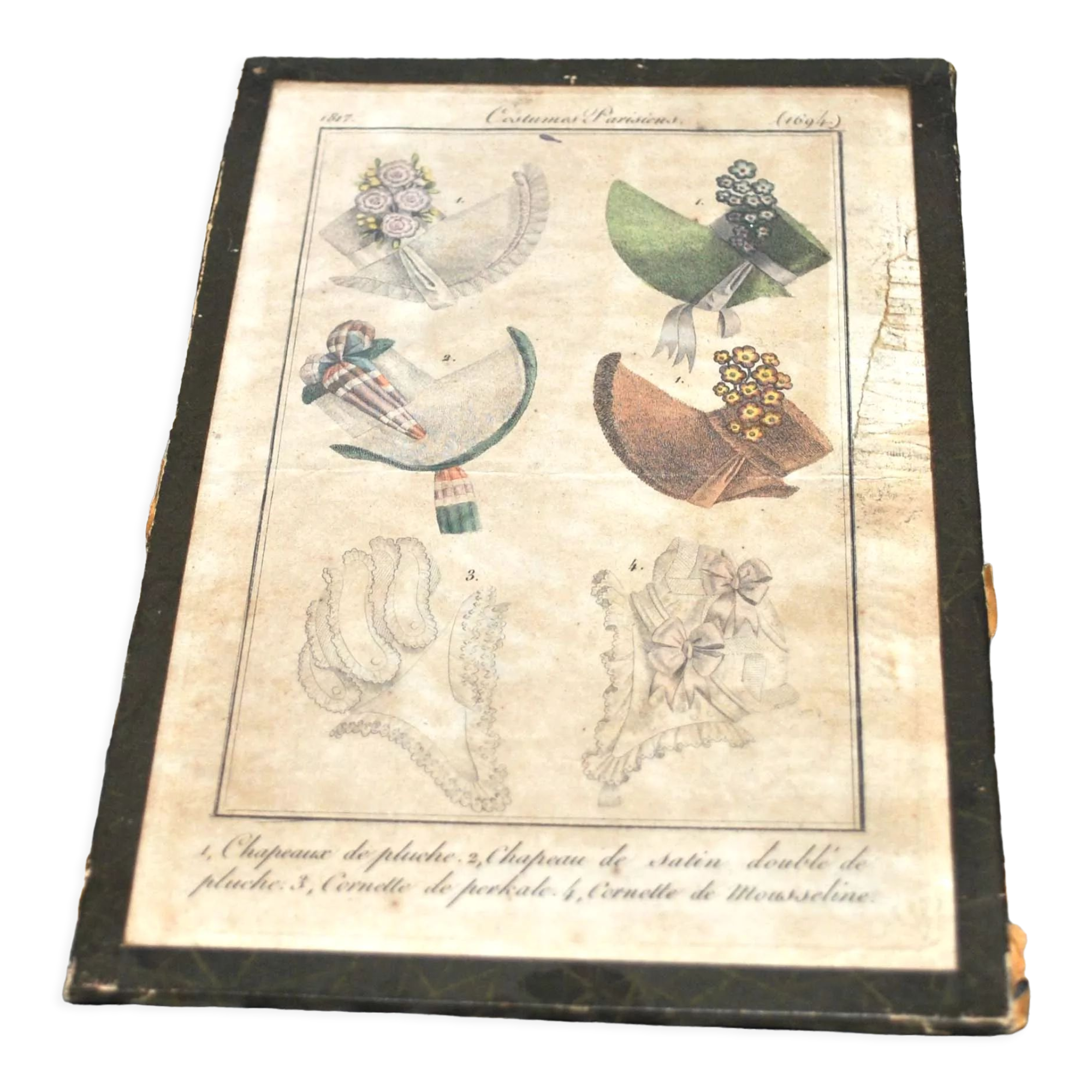 Fashion engraving under glass "Parisian costumes 1694" from 1817 - Hats caps cornettes