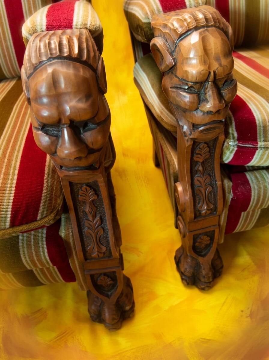 Pair of Spanish Renaissance Style Armchairs - Carved Solid Wood Years