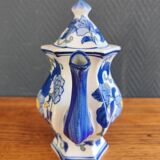 Cobalt blue teapot with flower pattern. Hexagonal teapot