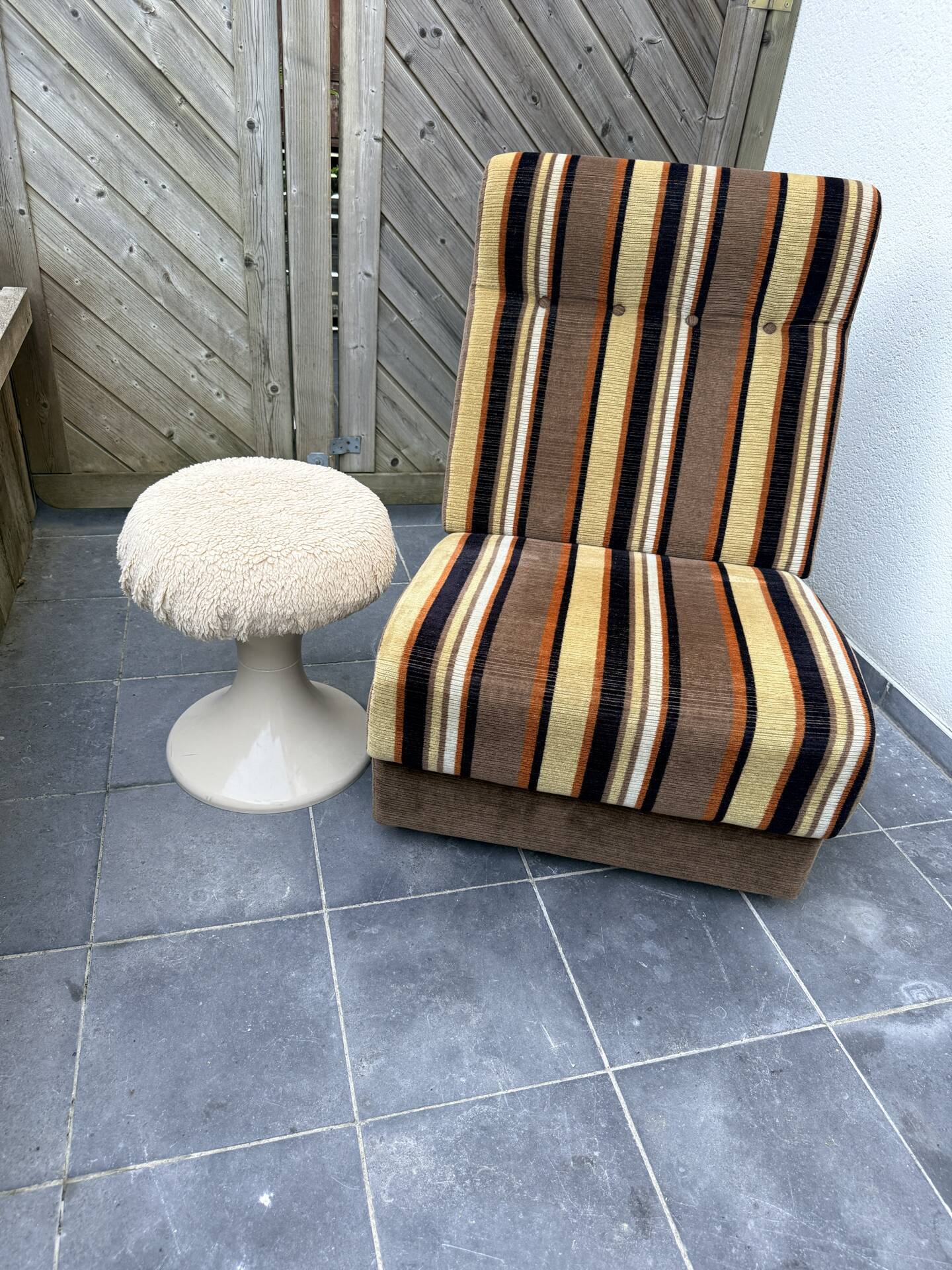Vintage 1970s lounge chair – striped orange, brown, and cream velvet