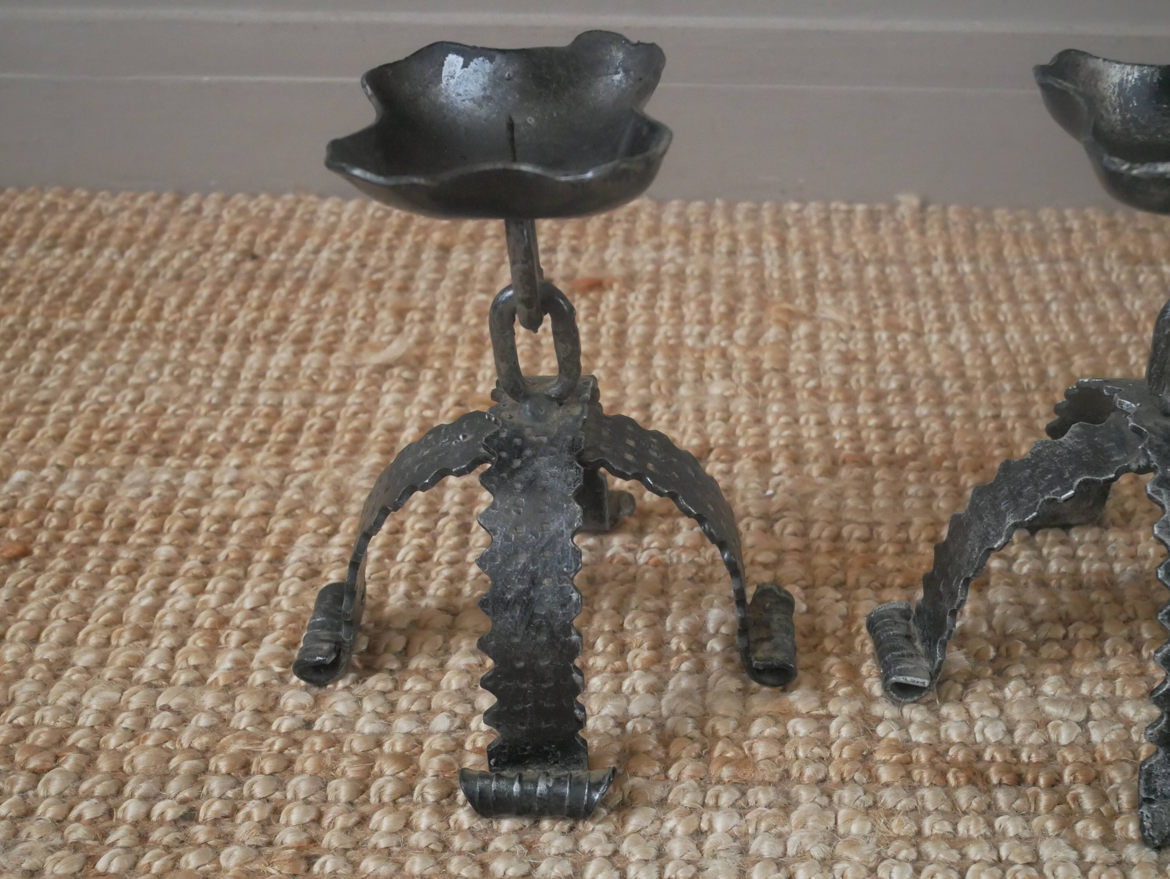 Pair of wrought iron candlesticks candelabra candlesticks handcrafted brutalist folk art