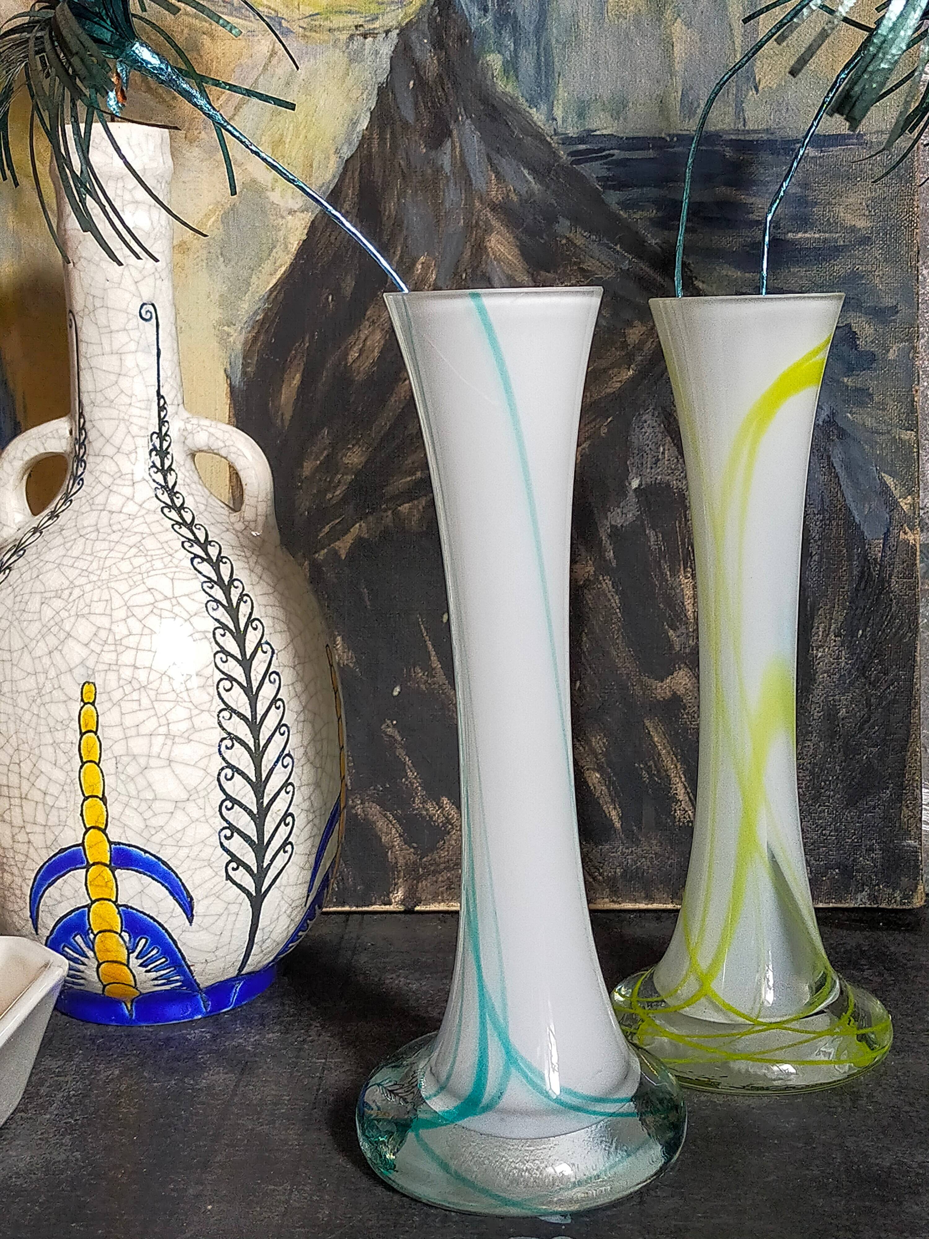 Duo of makora blown glass soliflores (krosno, poland) 1970s