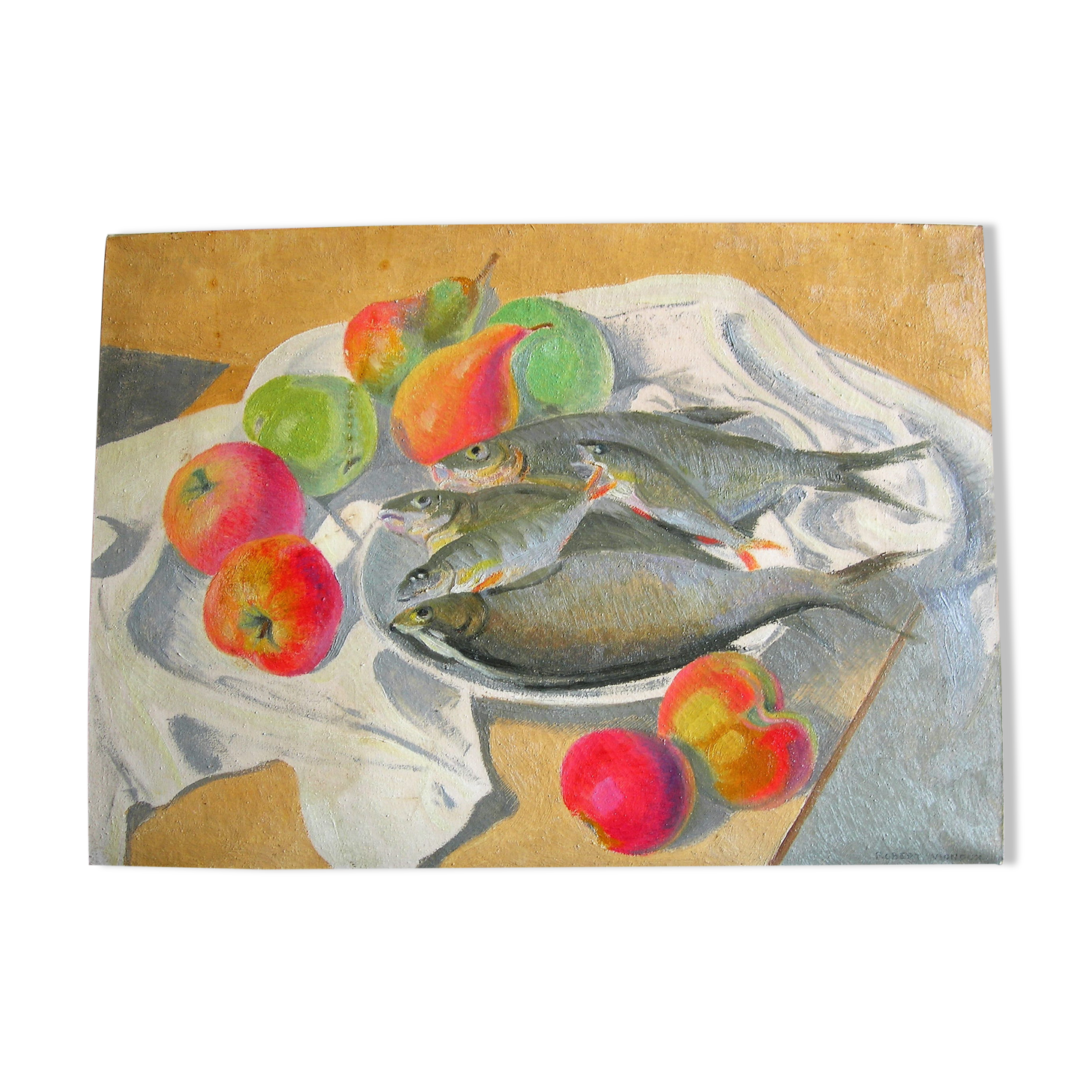 Still life with fish and fruit by Robert Vignoux (XXth)