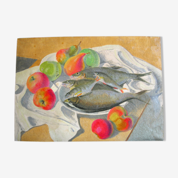 Still life with fish and fruit by Robert Vignoux (XXth)