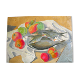 Still life with fish and fruit by Robert Vignoux (XXth)
