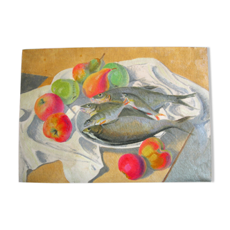 Still life with fish and fruit by Robert Vignoux (XXth)