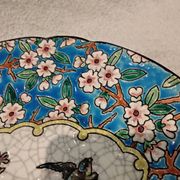 Longwy enamel plate with cartouche of 2 birds and apple blossoms, d188