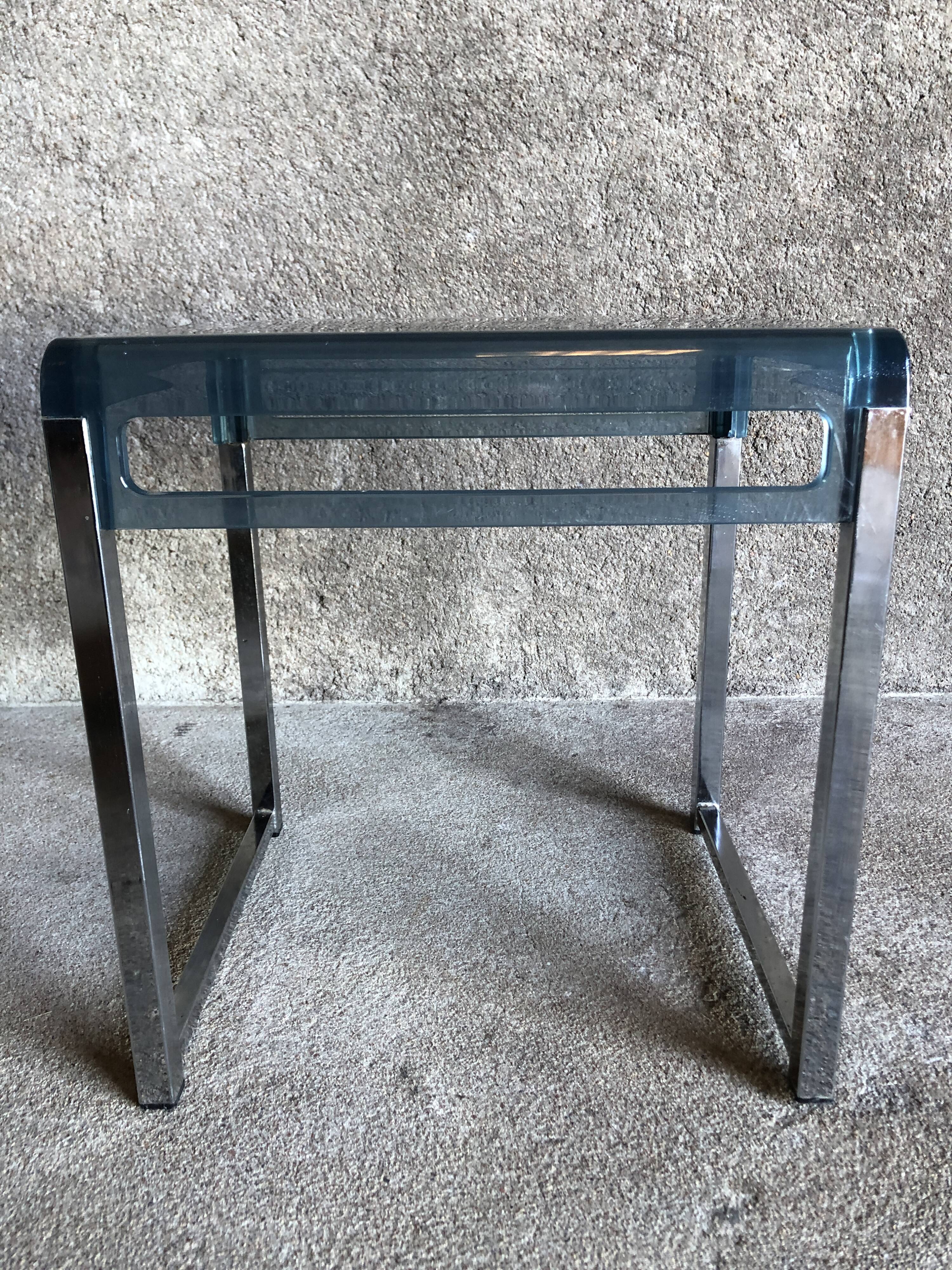 Bedside table in blue plexiglass and chrome metal, 1970