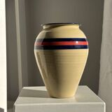 Large beige vase with blue and pink trim H27 D21