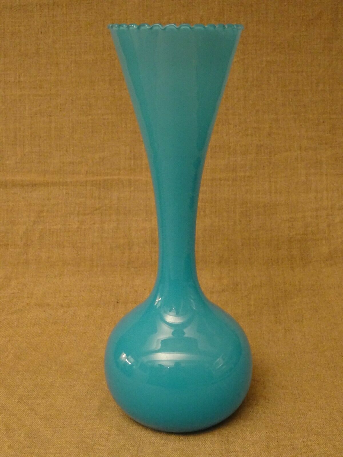 Vase in blue opaline scalloped neck vintage 70's