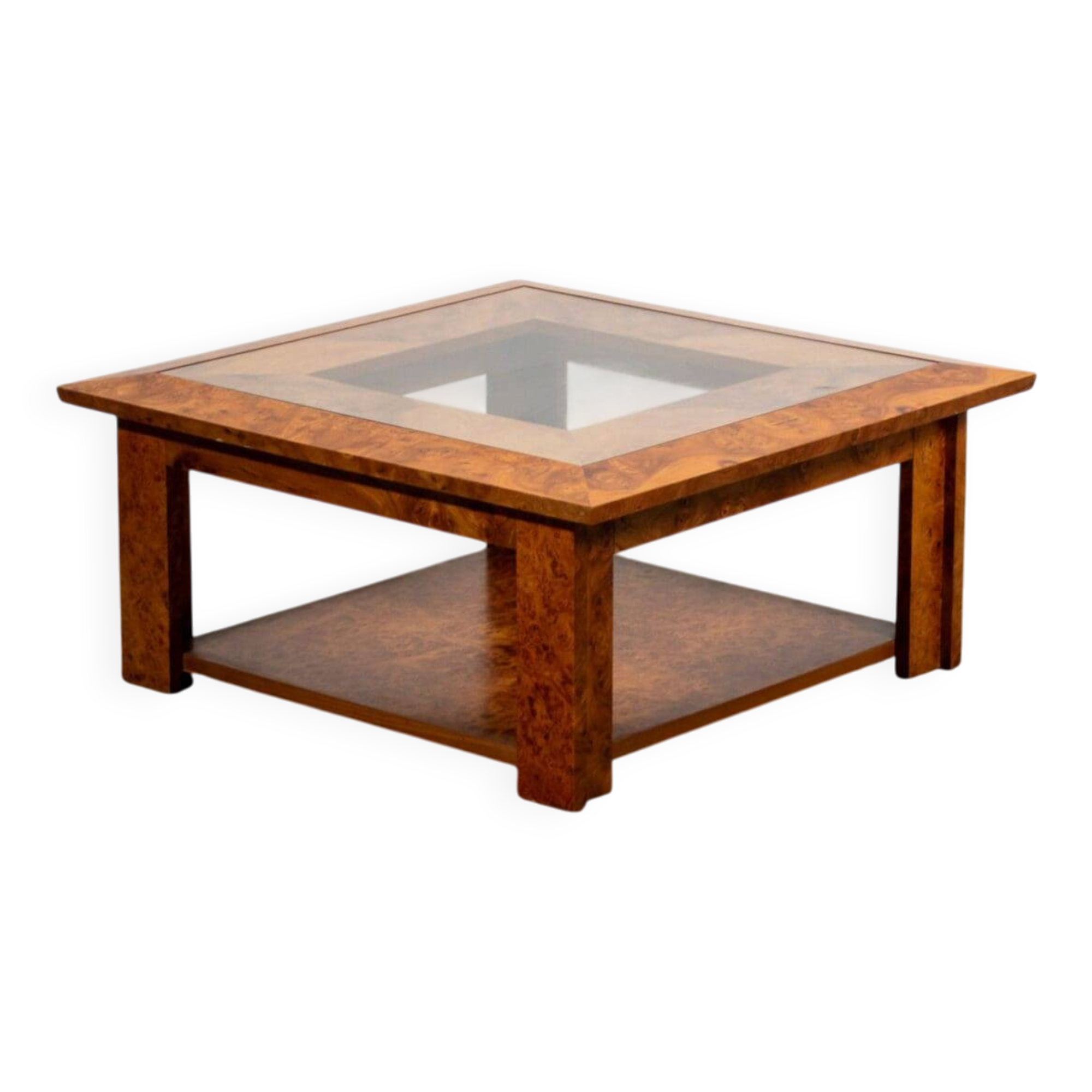 Walnut burl and glass coffee table circa 1980