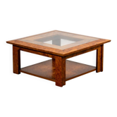 Table basse en noyer et verre des années 1980