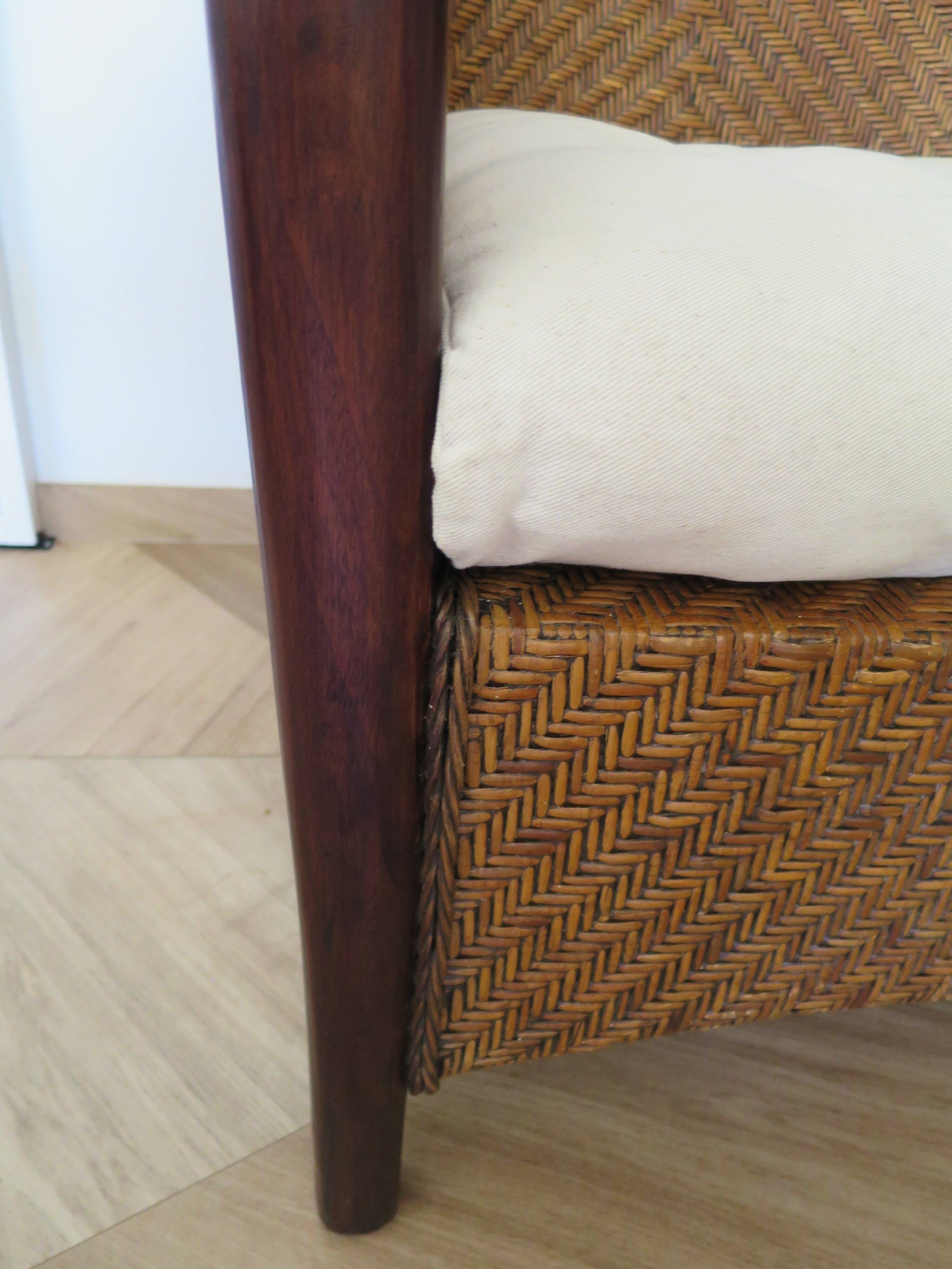 Colonial style armchair - woven rattan and exotic wood - vintage