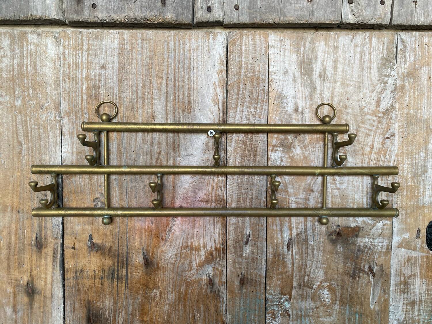 Vintage Wall Coat Rack Brass 7 Foldable Hooks #D748