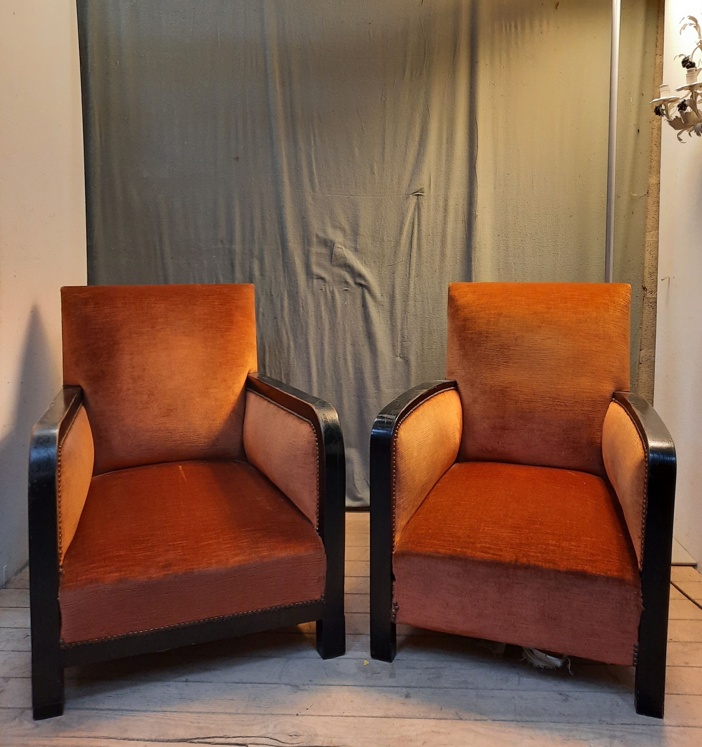 Fauteuil club bois et velour