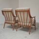Pair of Boomerang-style armchairs in ecru beige fabric, 1960s.