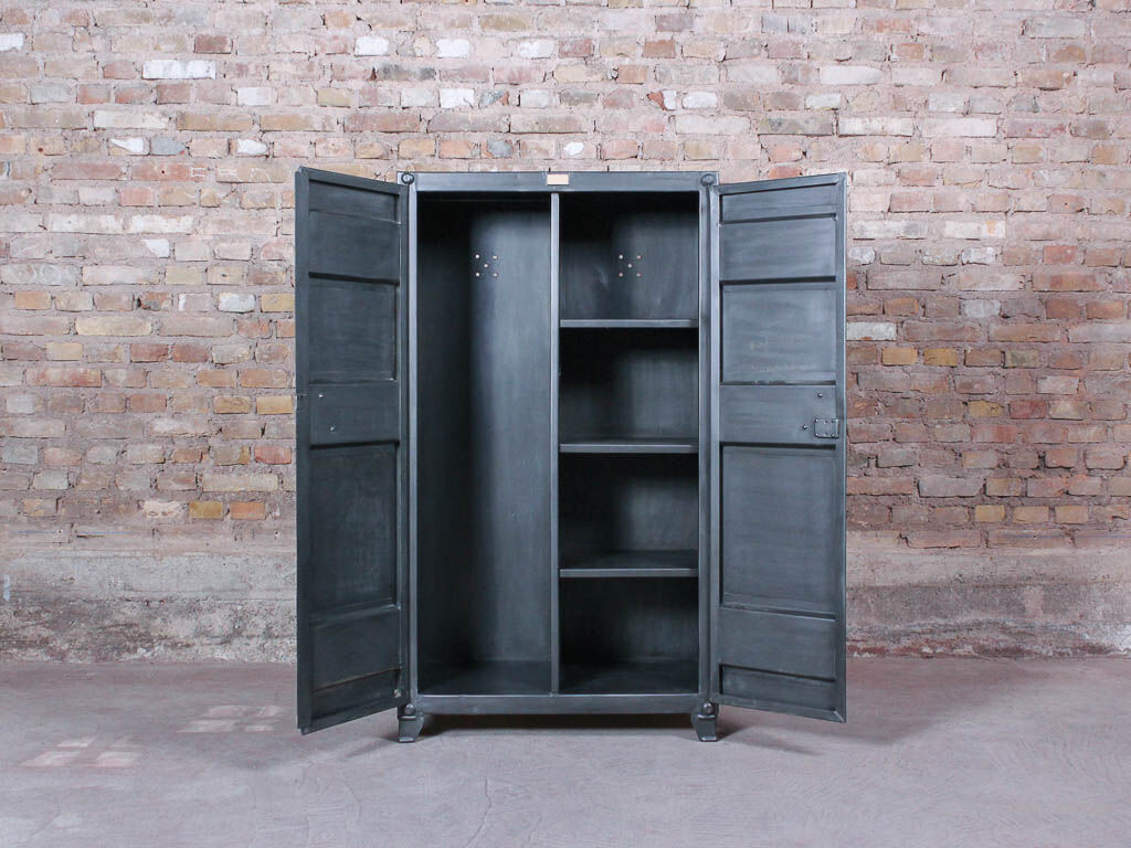 Industrial storage cabinet with 2 brushed steel swing doors, circa 1950
