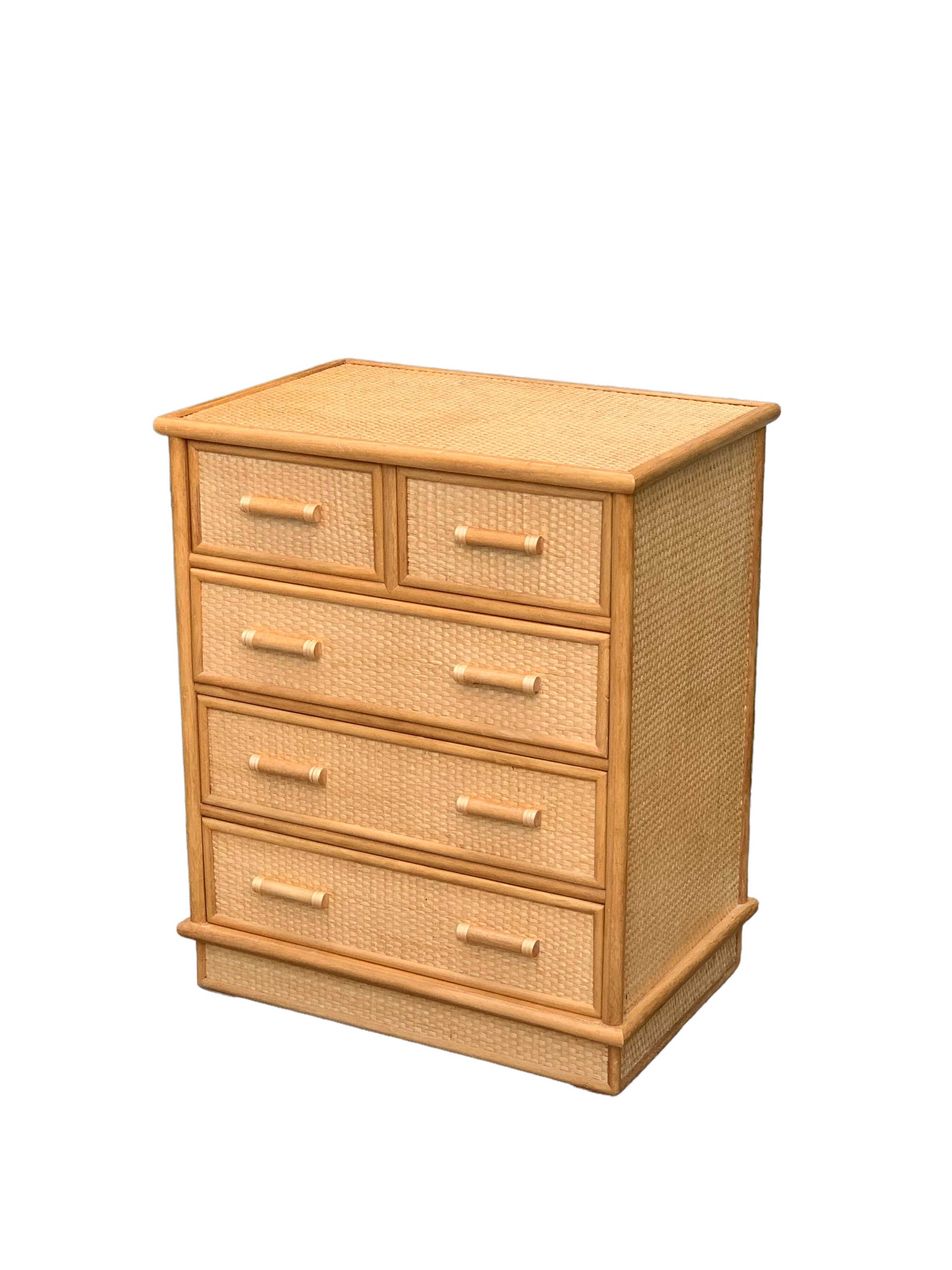 Vintage rattan and woven wicker chest of drawers 1970