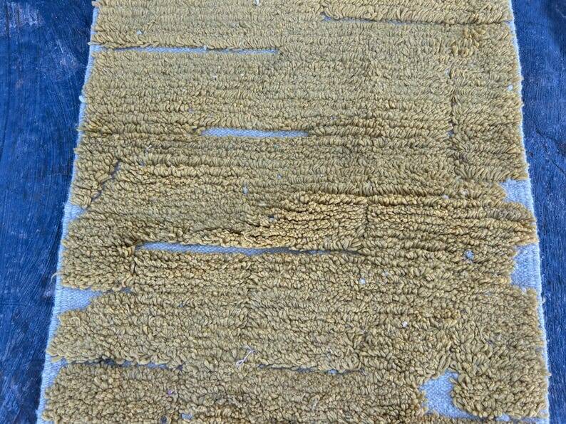 Handmade pure wool carpet in mustard yellow, size 75/300cm.