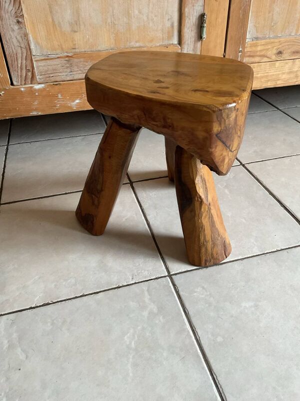 Tabouret tripode brutaliste bois Olivier design 50/60