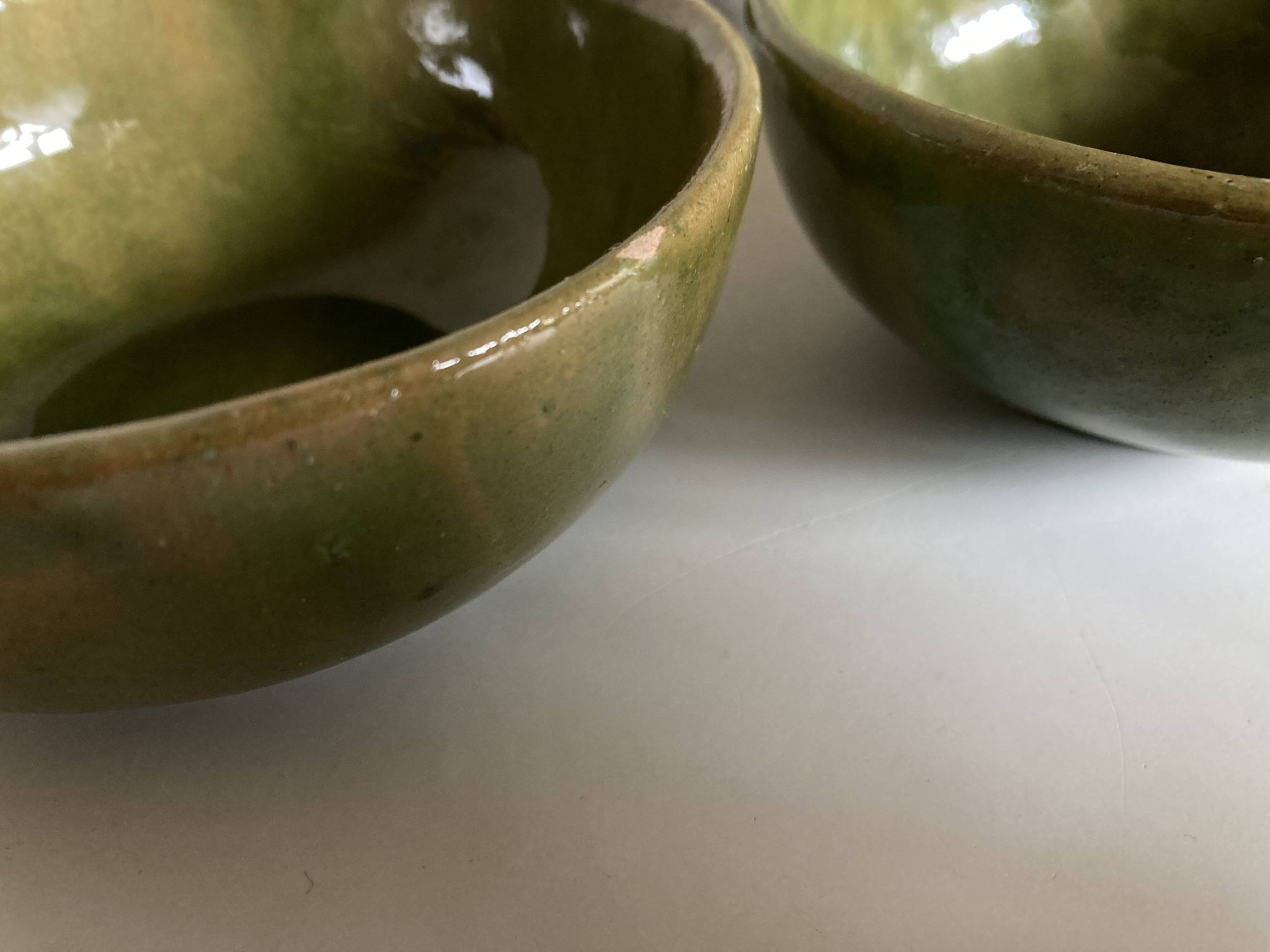 4 green glazed earthenware bowls with handles from Biot, 1960