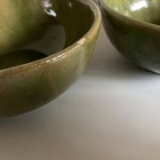 4 green glazed earthenware bowls with handles from Biot, 1960