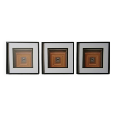 Triptyque Tableaux Vintage Art Optique - Victor Vasarely - Cadres 40x4