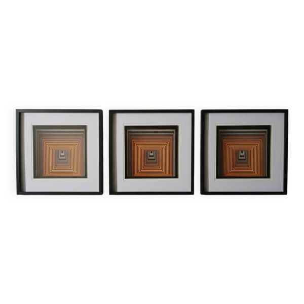 Triptyque Tableaux Vintage Art Optique - Victor Vasarely - Cadres 40x4