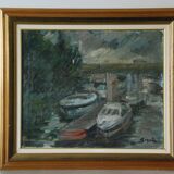 Tableau Expressionniste Bateaux Quais de Seine Paris HST Pierre Gogois