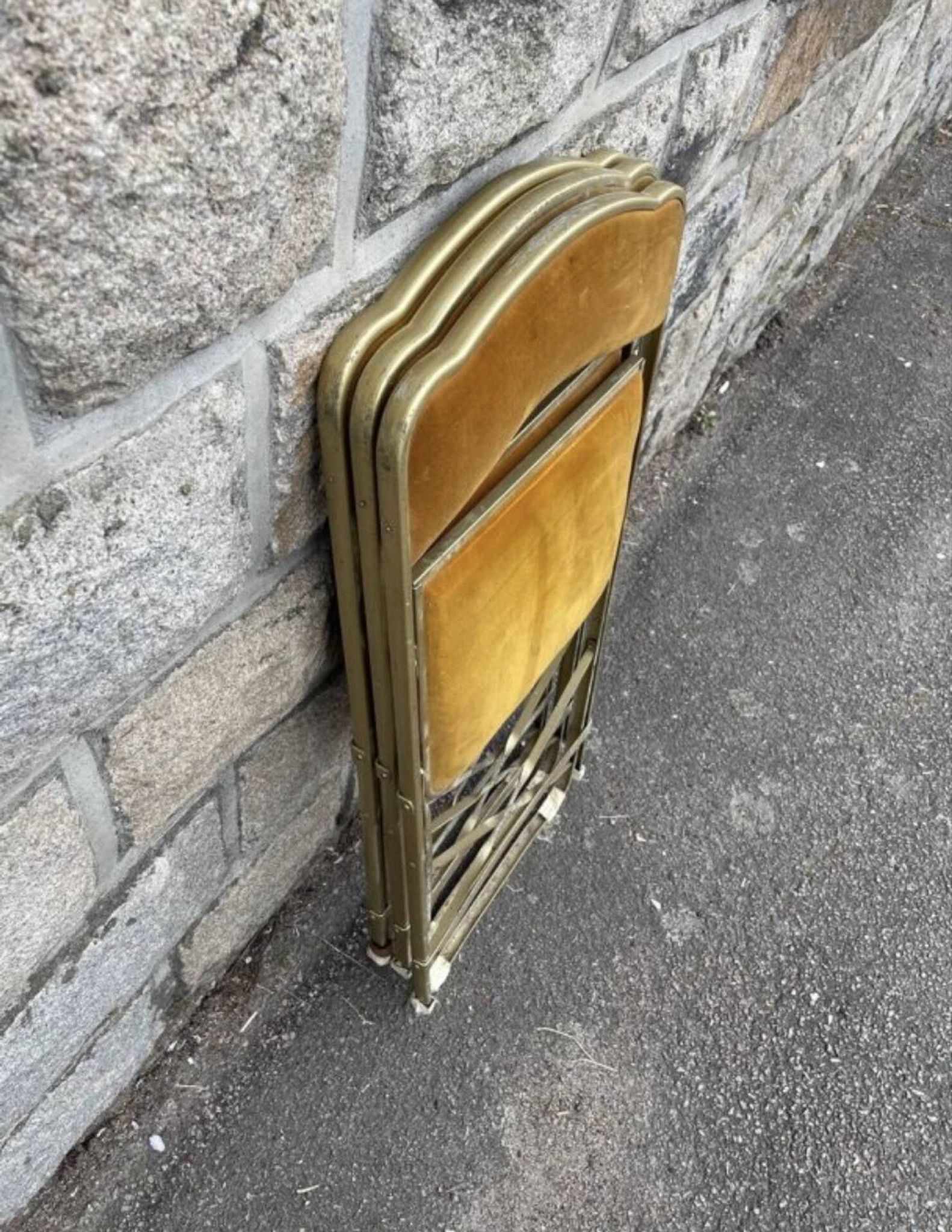 3 antique folding opera chairs in golden velvet and brass