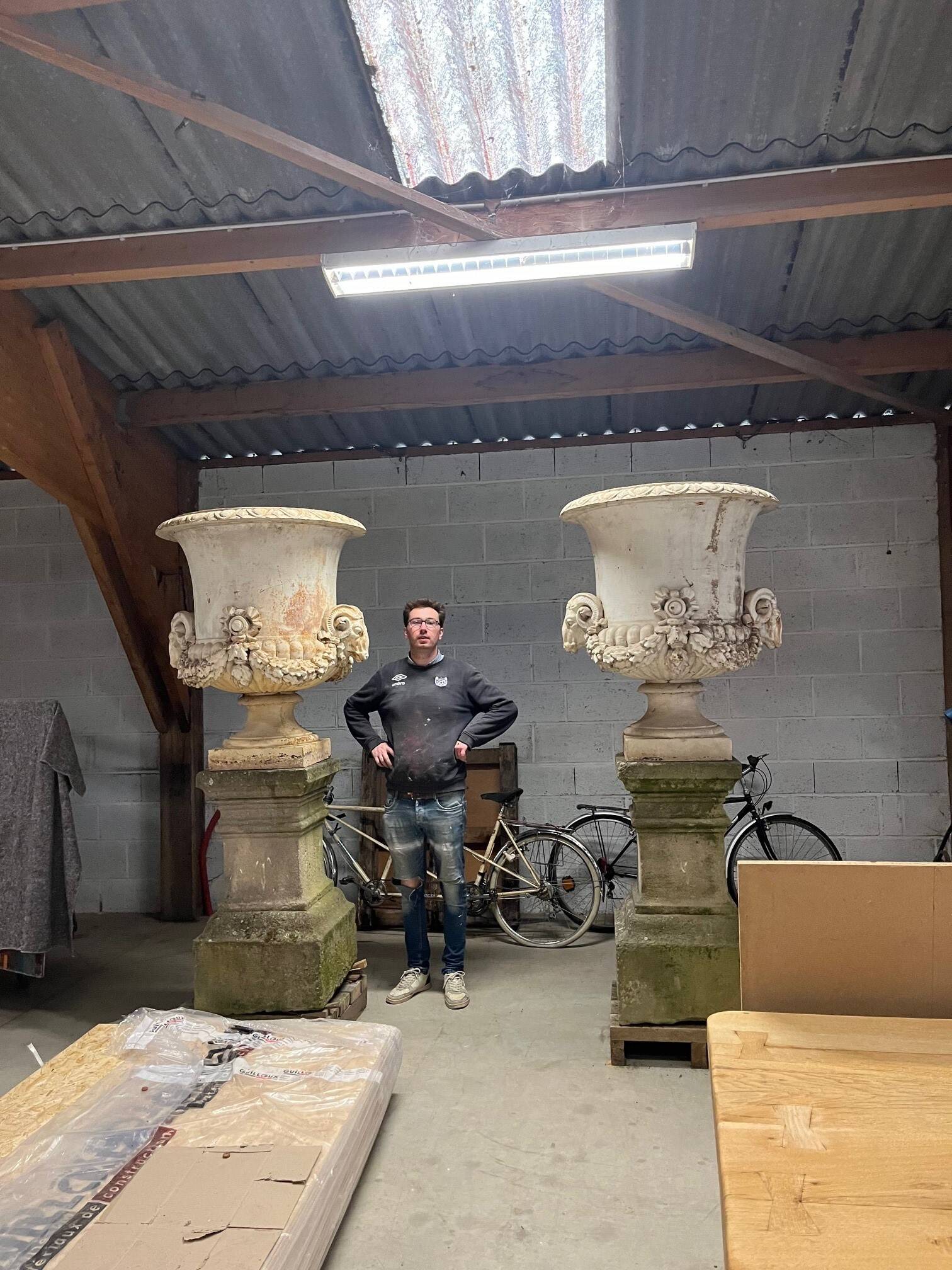 Pair of Neoclassical Style Cast Iron Vases, 19th Century