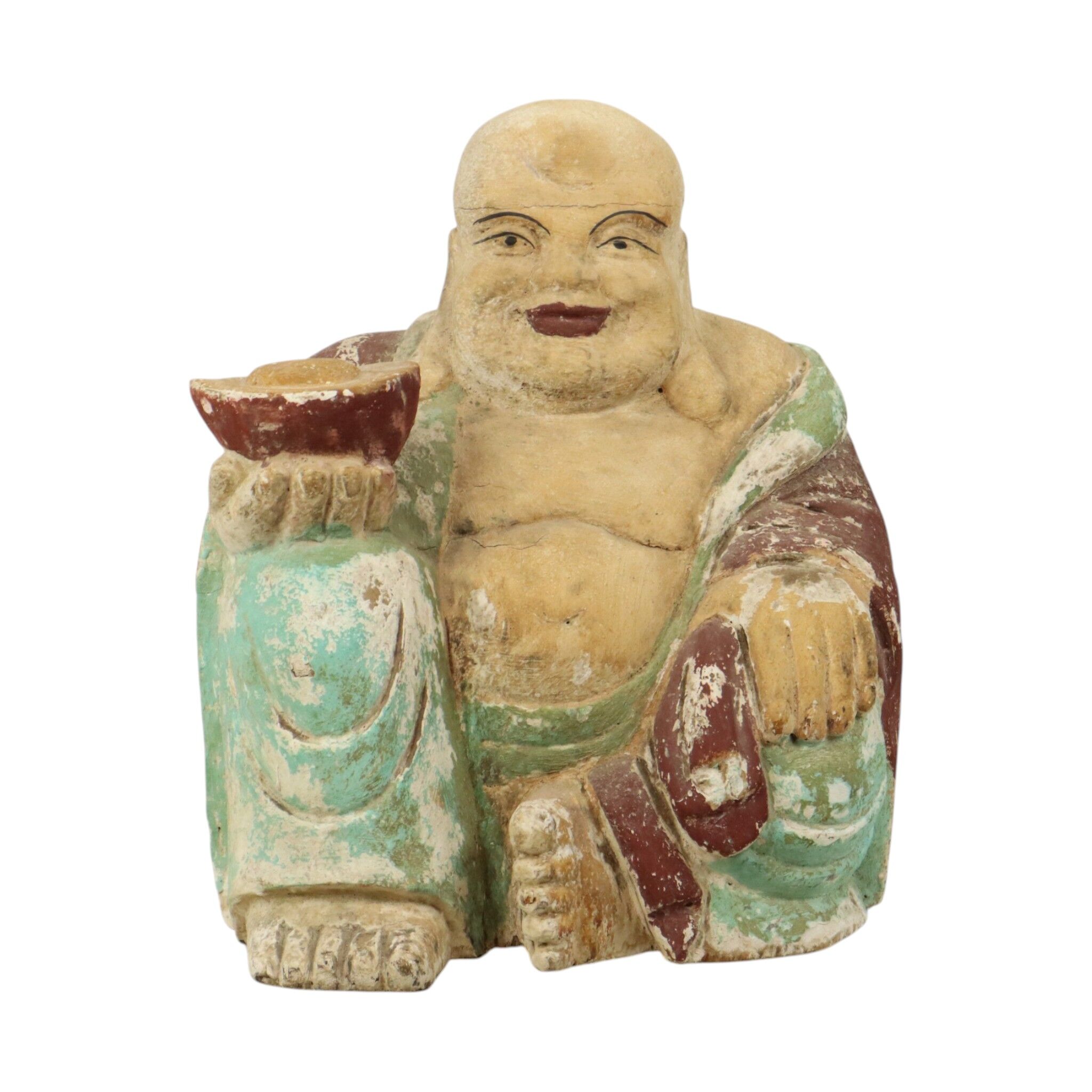 Large XL Polychrome Wooden Laughing Buddha Statue 47 cm