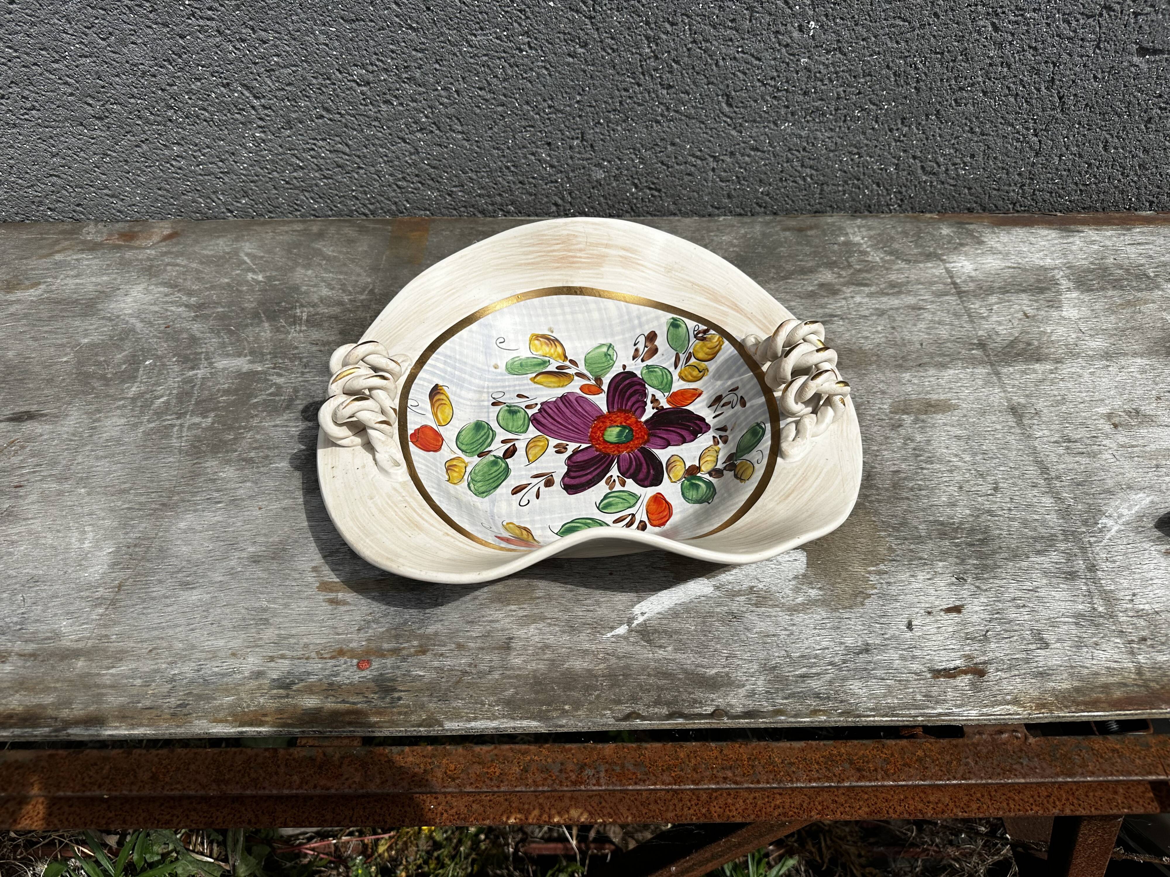 Painted ceramic fruit basket woven by Hubert Becquet, Quaregnon.