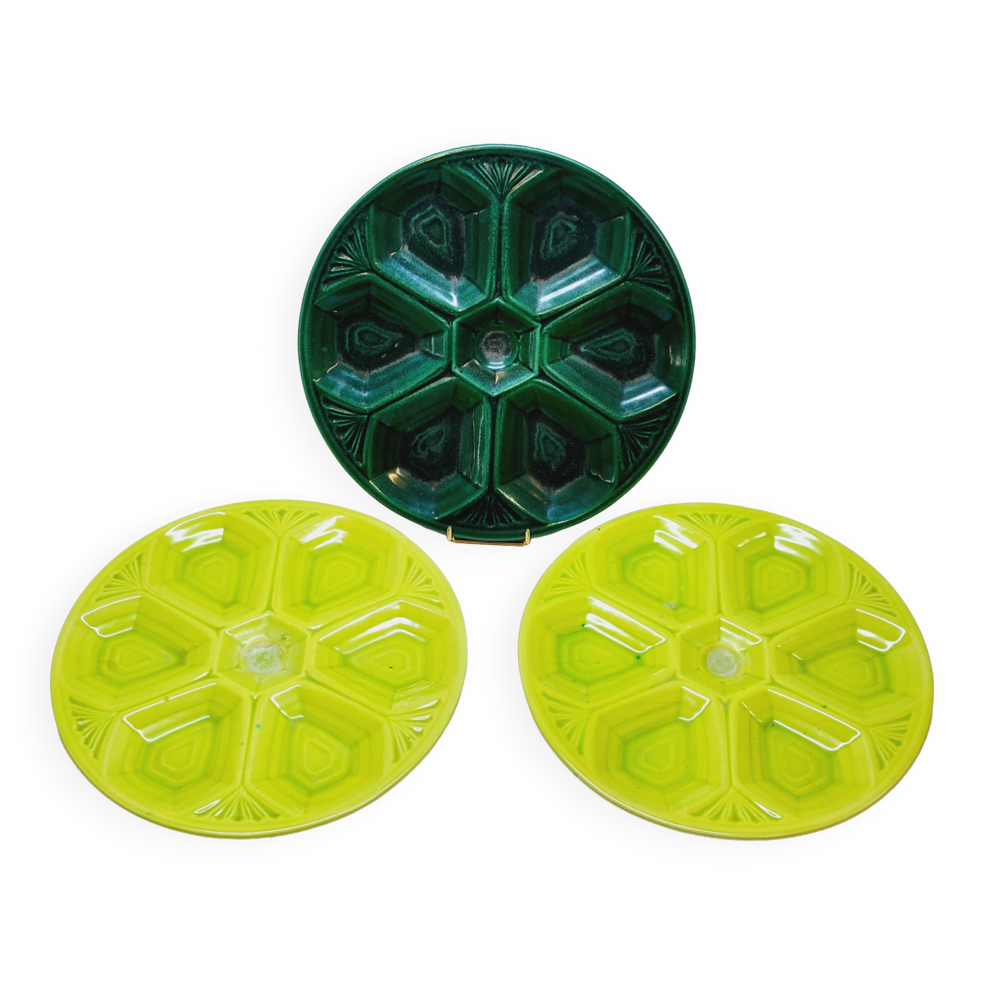 3 art deco oyster plates with green geometric decor
