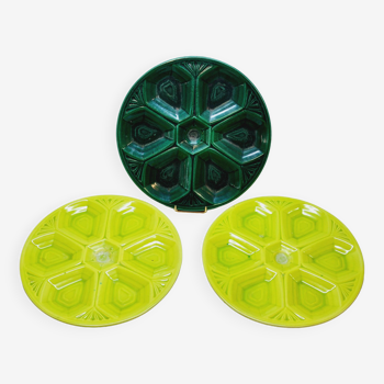 3 art deco oyster plates with green geometric decor