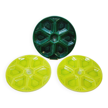 3 art deco oyster plates with green geometric decor