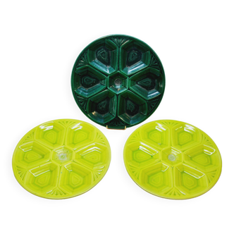 3 art deco oyster plates with green geometric decor