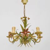Vintage chandelier in painted metal decorated with flowers and foliage with 5 lights. 80s 90s