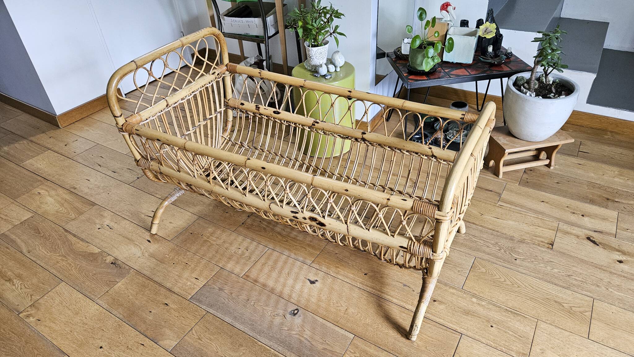 Vintage rattan and bamboo baby bed / cradle