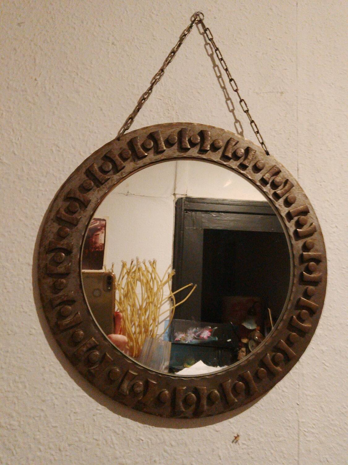 Beautiful brutalist round iron mirror in the RYCKAERT style ATELIER MAROLLES JEAN TOU
