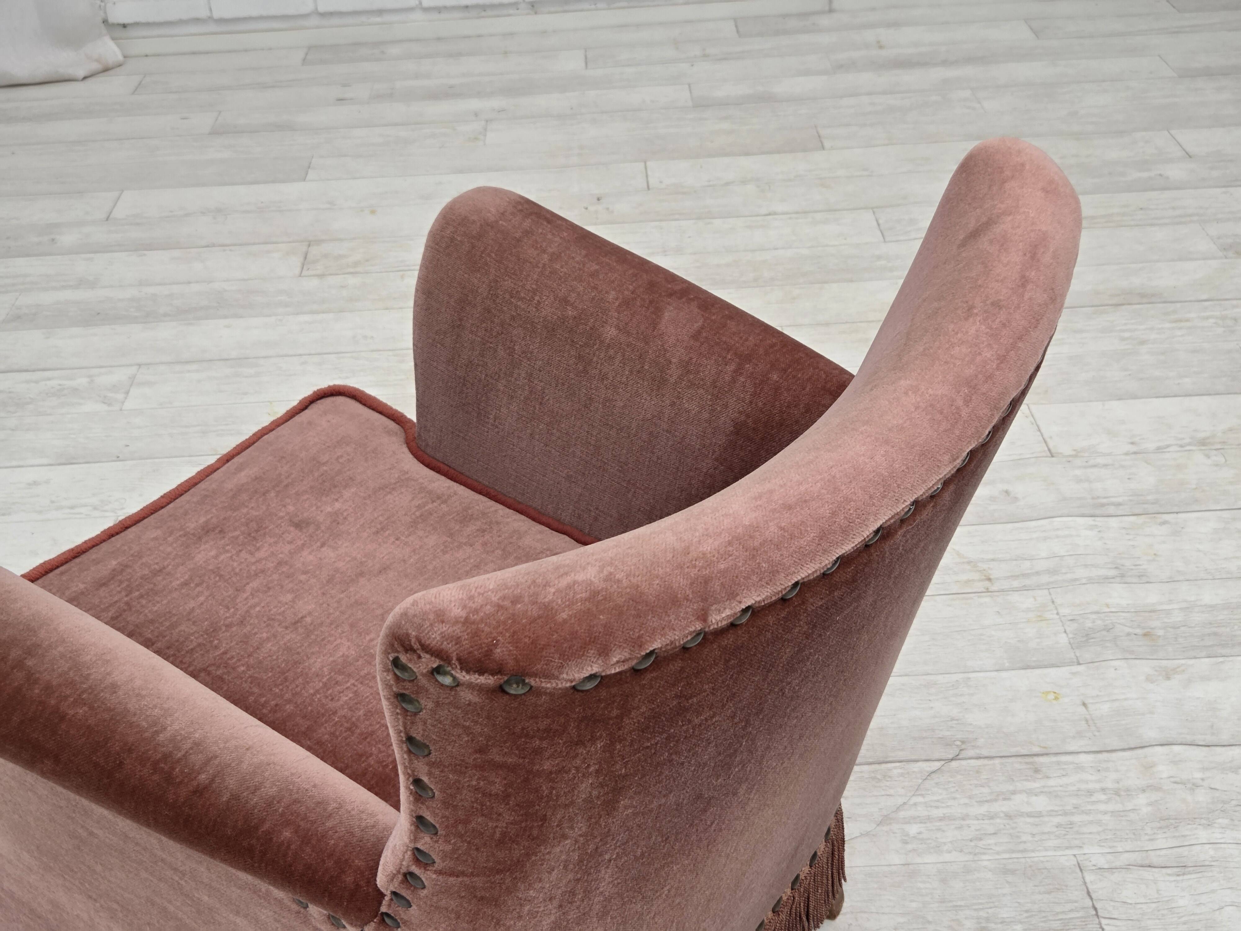1970s, Danish armchair, salmon pink furniture velour, beech wood.