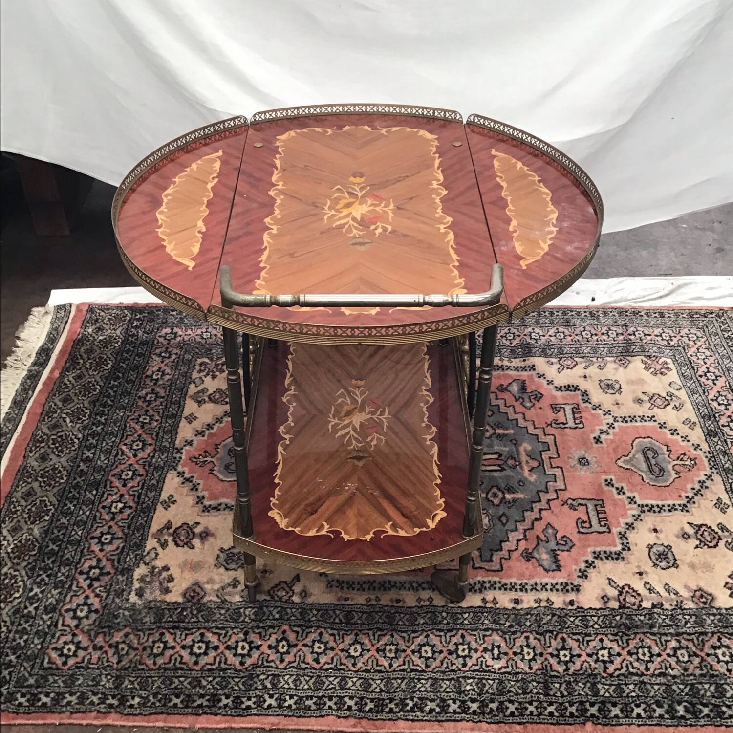 1960s marquetry bar cart on wheels