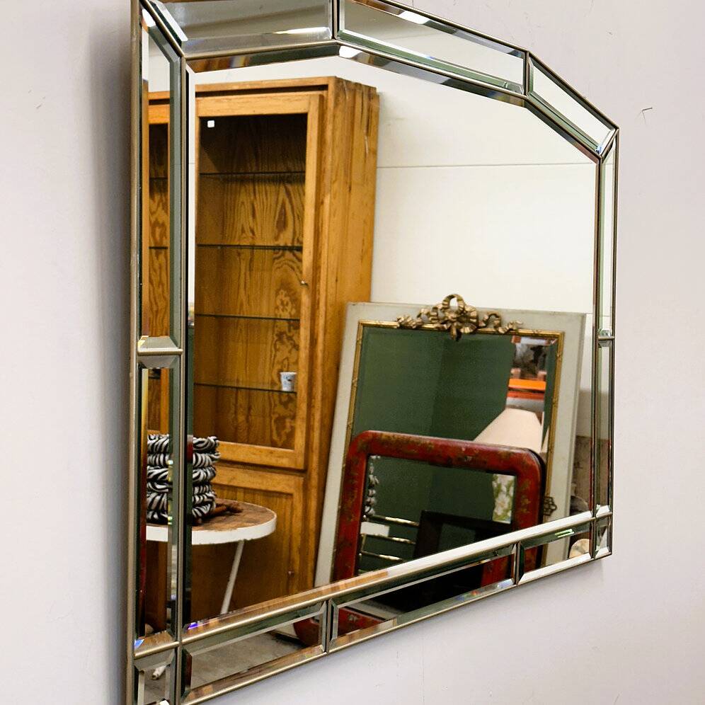 Miroir mural octogonal en laiton et miroir des années 1980 – style hollywood regency italien